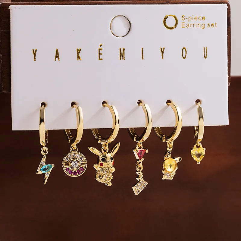 Set de 6 aretes Pokémon baño de oro 14k