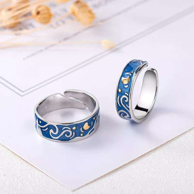Set de anillos ajustables de La Noche Estrellada Van Gogh con baño de plata 925