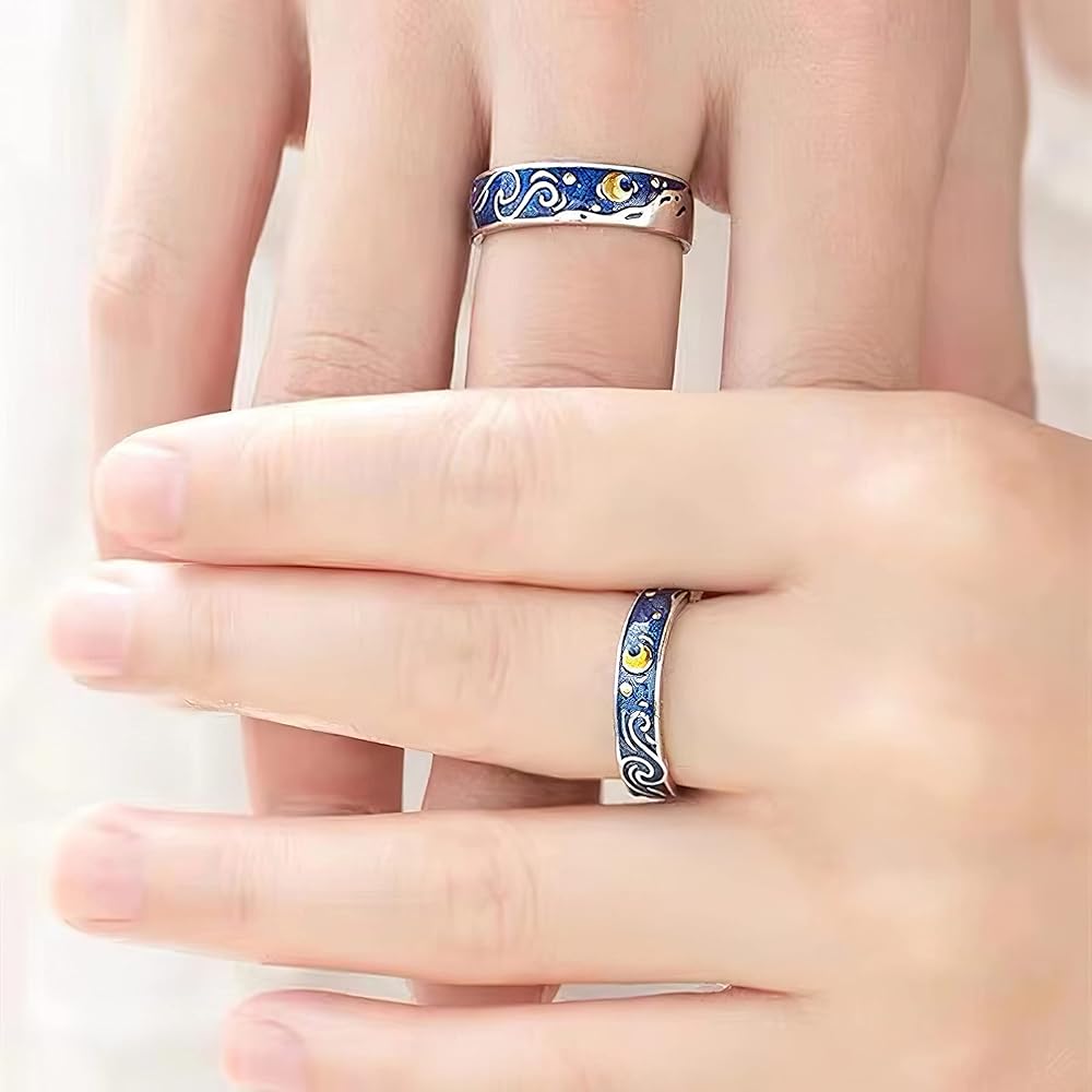 Set de anillos ajustables de La Noche Estrellada Van Gogh con baño de plata 925