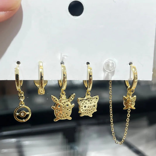 Set de 6 aretes Pokémon baño de oro 14k