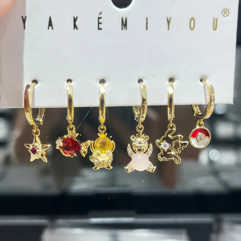 Set de 6 aretes Pokémon baño de oro 14k