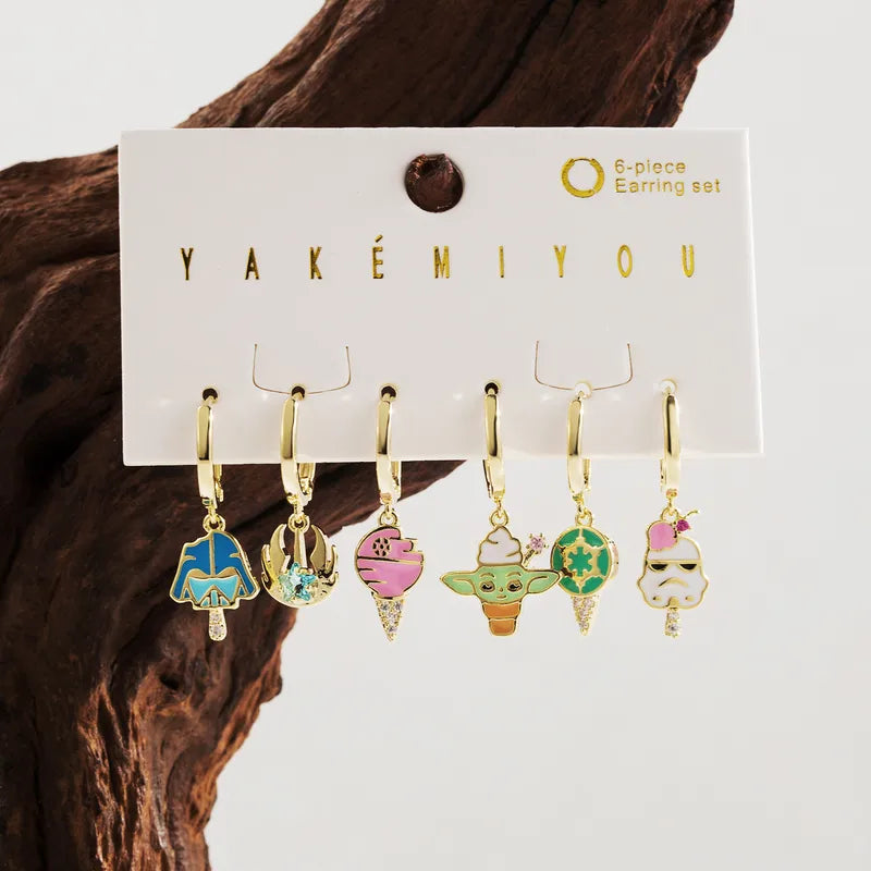 Set de 6 aretes Star Wars baño de oro 14k