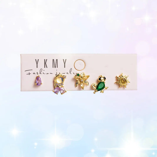 Set de 5 aretes de Rapunzel baño de oro 14k