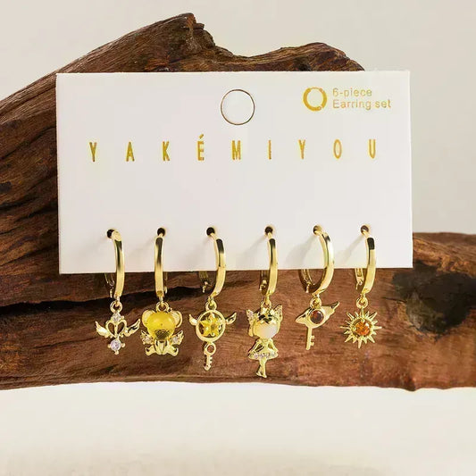 Set de 6 aretes Sakura Card Captor baño de oro 14k