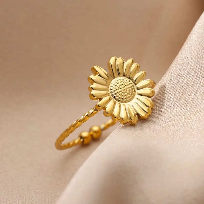 Set de collar y anillo de girasol en acero inoxidable