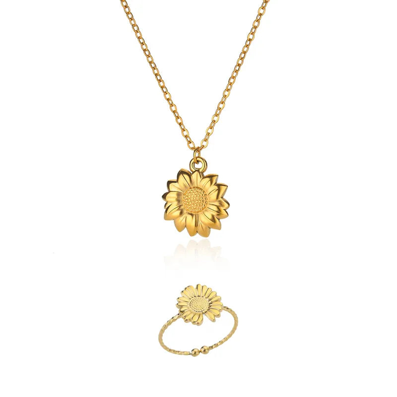 Set de collar y anillo de girasol en acero inoxidable