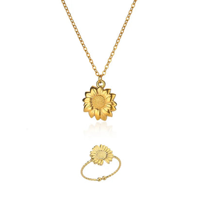 Set de collar y anillo de girasol en acero inoxidable