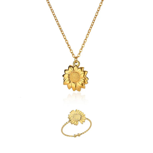 Set de collar y anillo de girasol en acero inoxidable