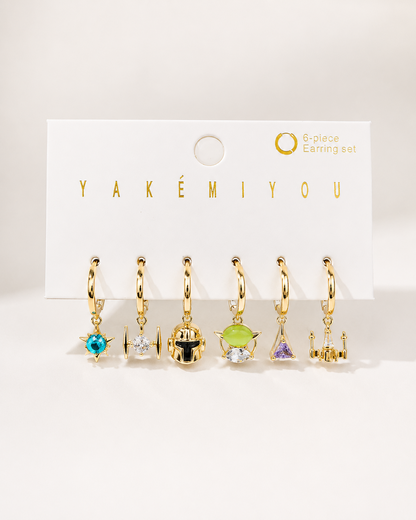 Set de 6 aretes Star Wars baño de oro 14k