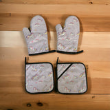 Set de 2 guantes y 2 agarraderas para cocina de unicornios
