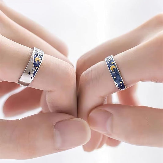 Set de anillos ajustables de La Noche Estrellada Van Gogh con baño de plata 925
