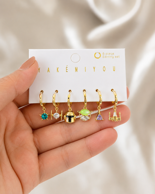Set de 6 aretes Star Wars baño de oro 14k