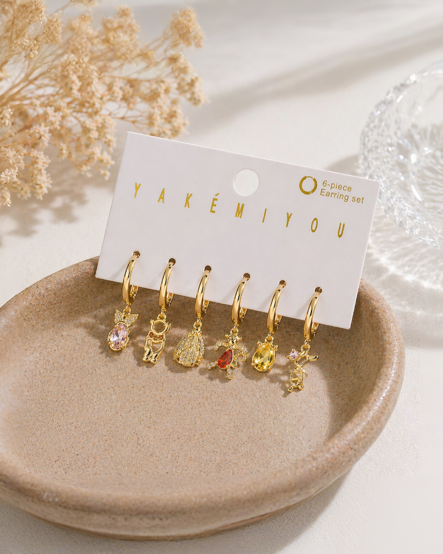 Set de 6 aretes Winnie Pooh baño de oro 14k