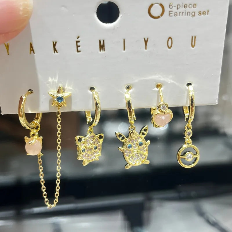 Set de 6 aretes Pokémon baño de oro 14k