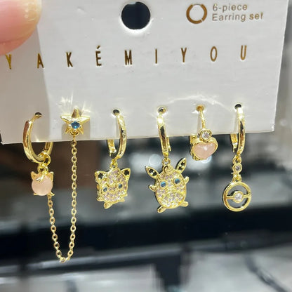 Set de 6 aretes Pokémon baño de oro 14k