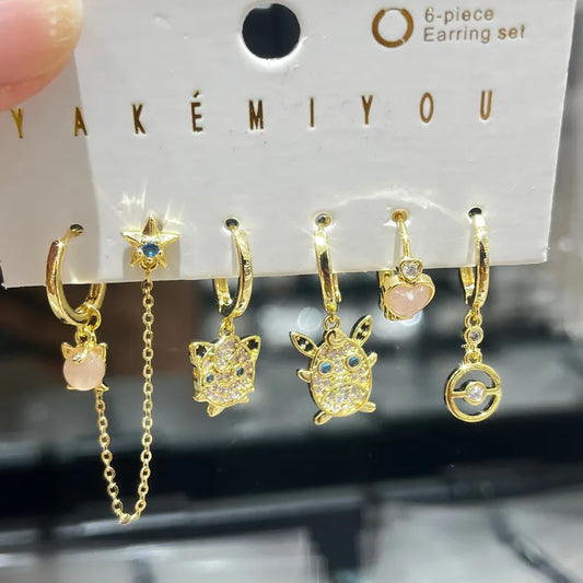 Set de 6 aretes Pokémon baño de oro 14k