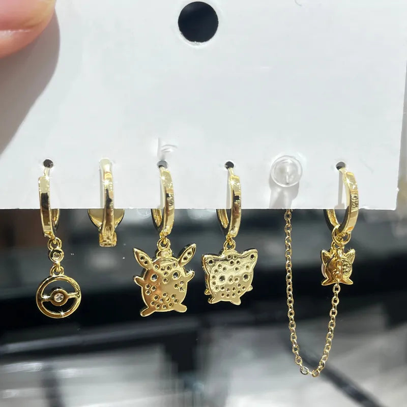 Set de 6 aretes Pokémon baño de oro 14k