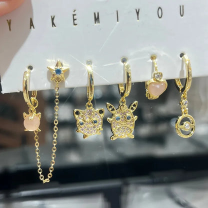 Set de 6 aretes Pokémon baño de oro 14k