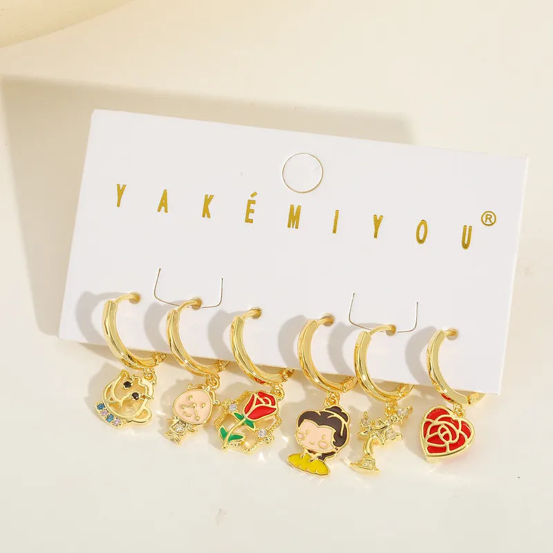 Set de 6 aretes de la Bella y la Bestia baño de oro 14k
