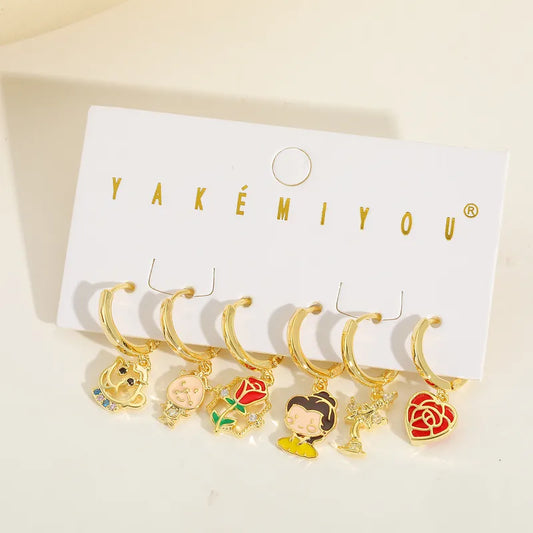 Set de 6 aretes de la Bella y la Bestia baño de oro 14k