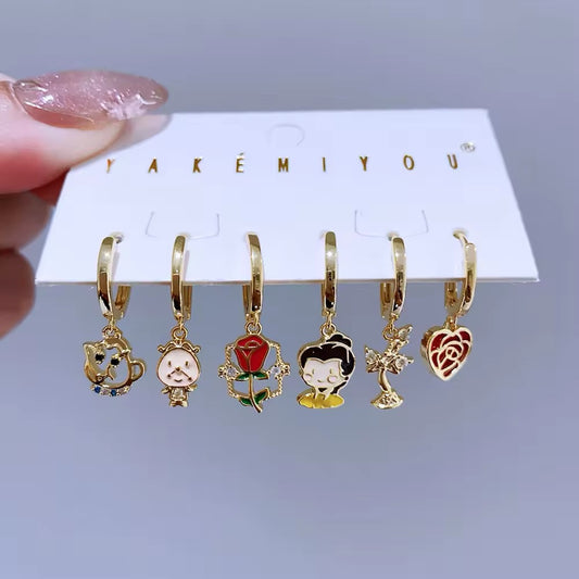 Set de 6 aretes de la Bella y la Bestia baño de oro 14k