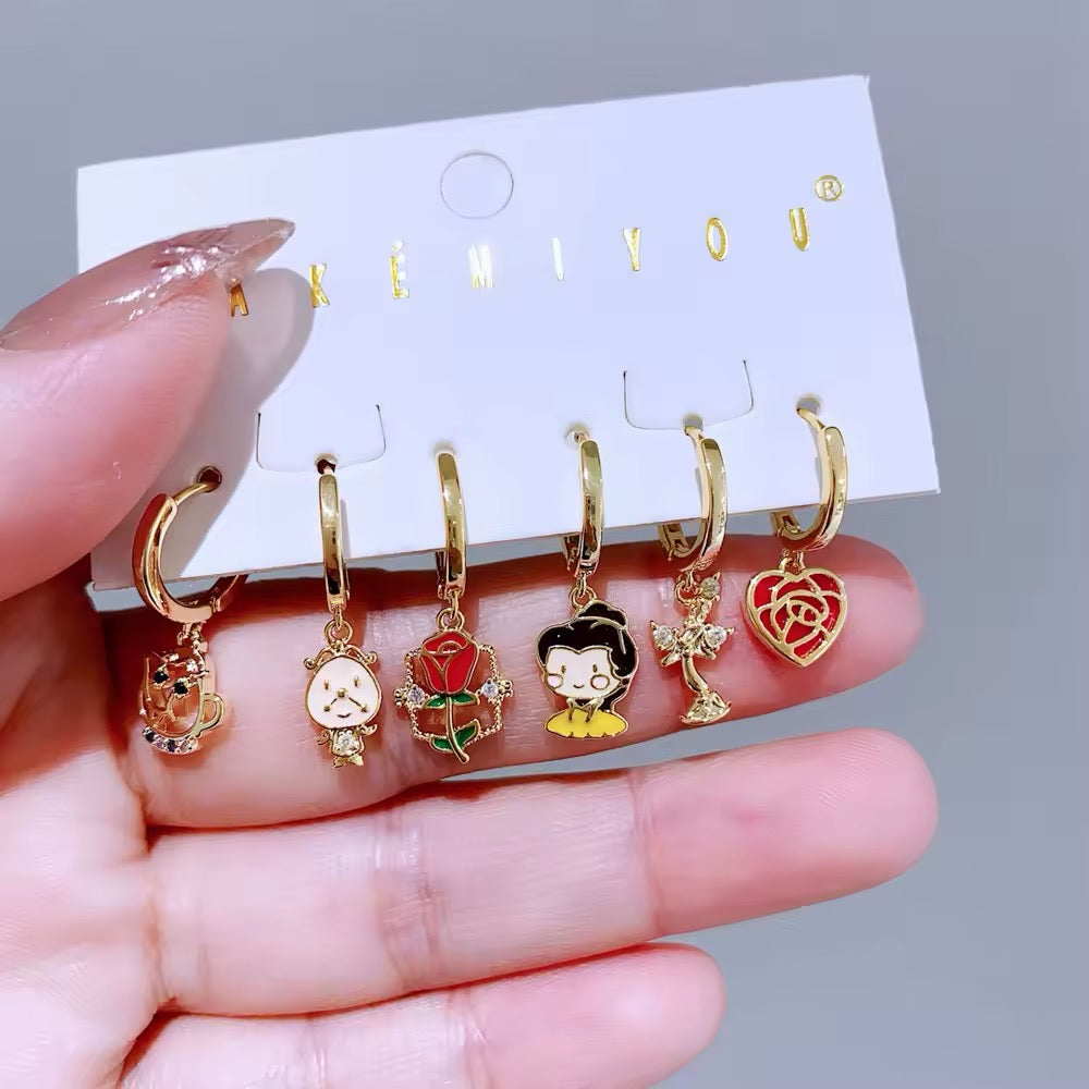 Set de 6 aretes de la Bella y la Bestia baño de oro 14k
