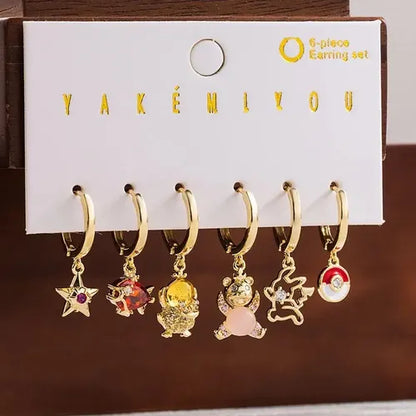 Set de 6 aretes Pokémon baño de oro 14k
