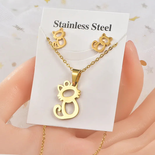 Set de collar y aretes acero inoxidable gatito
