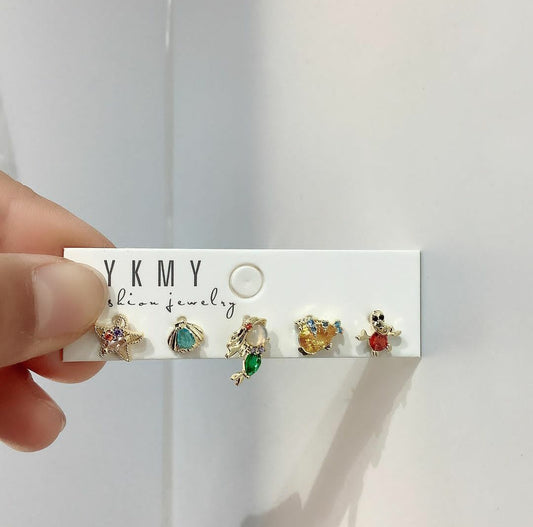 Set de 5 aretes de La Sirenita baño de oro 14k