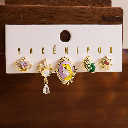 Set de 5 aretes de Rapunzel baño de oro 14k