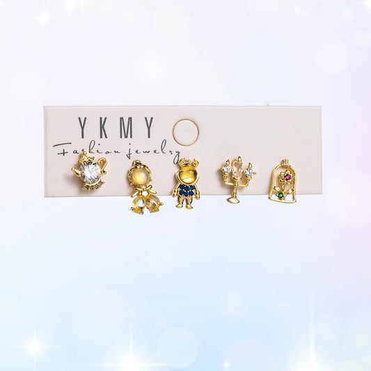 Set de 5 aretes de la Bella y la Bestia baño de oro 14k